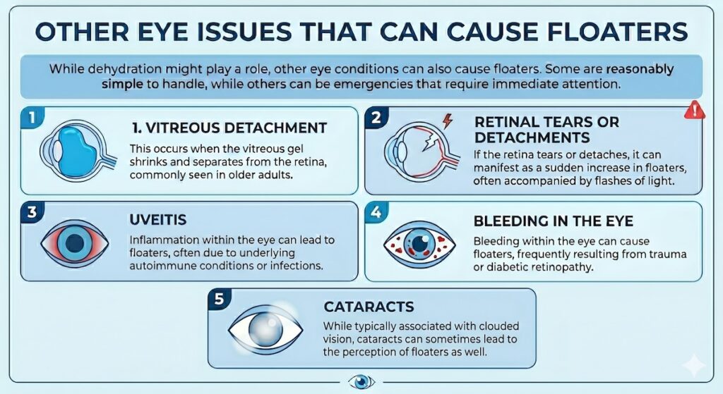 An infographic explaining other eye issues that can cause eye floaters, including vitreous detachment, retinal tears, uveitis, bleeding in the eye, and cataracts.