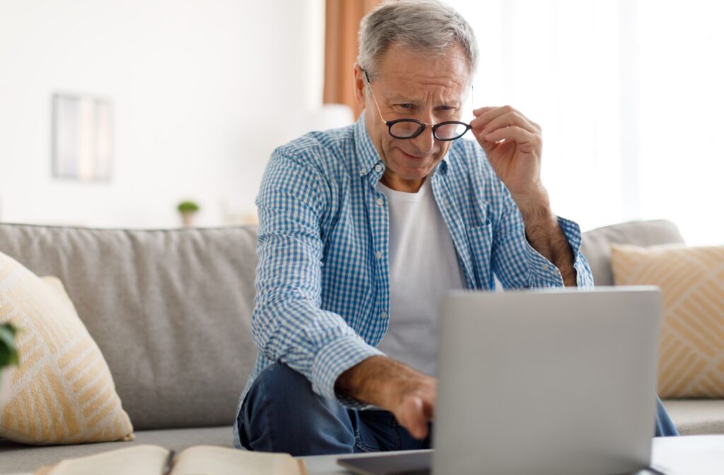 An older adult lowers his glasses and squints at their laptop.