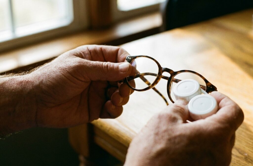 A person holding a pair of glasses and a contact lens case, deciding which one they'll choose to wear.