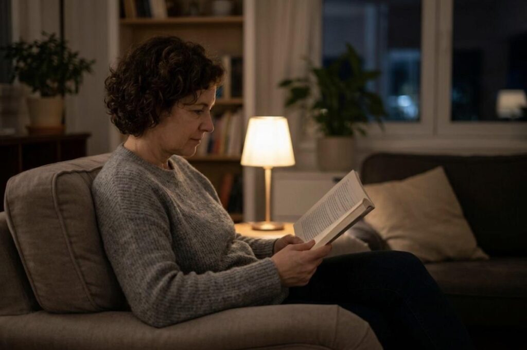 A person reading a book in dim light.