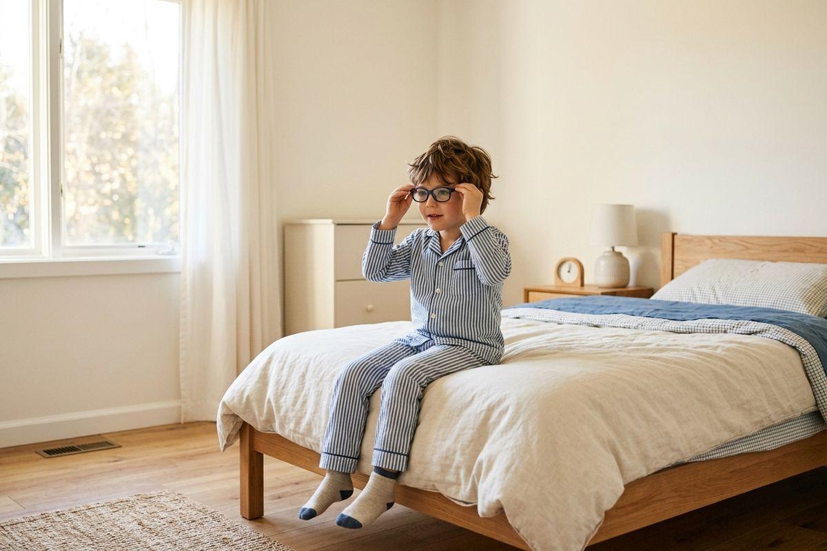Child in striped pajamas sitting on a bed, adjusting black-framed glasses with both hands, in a bright bedroom.