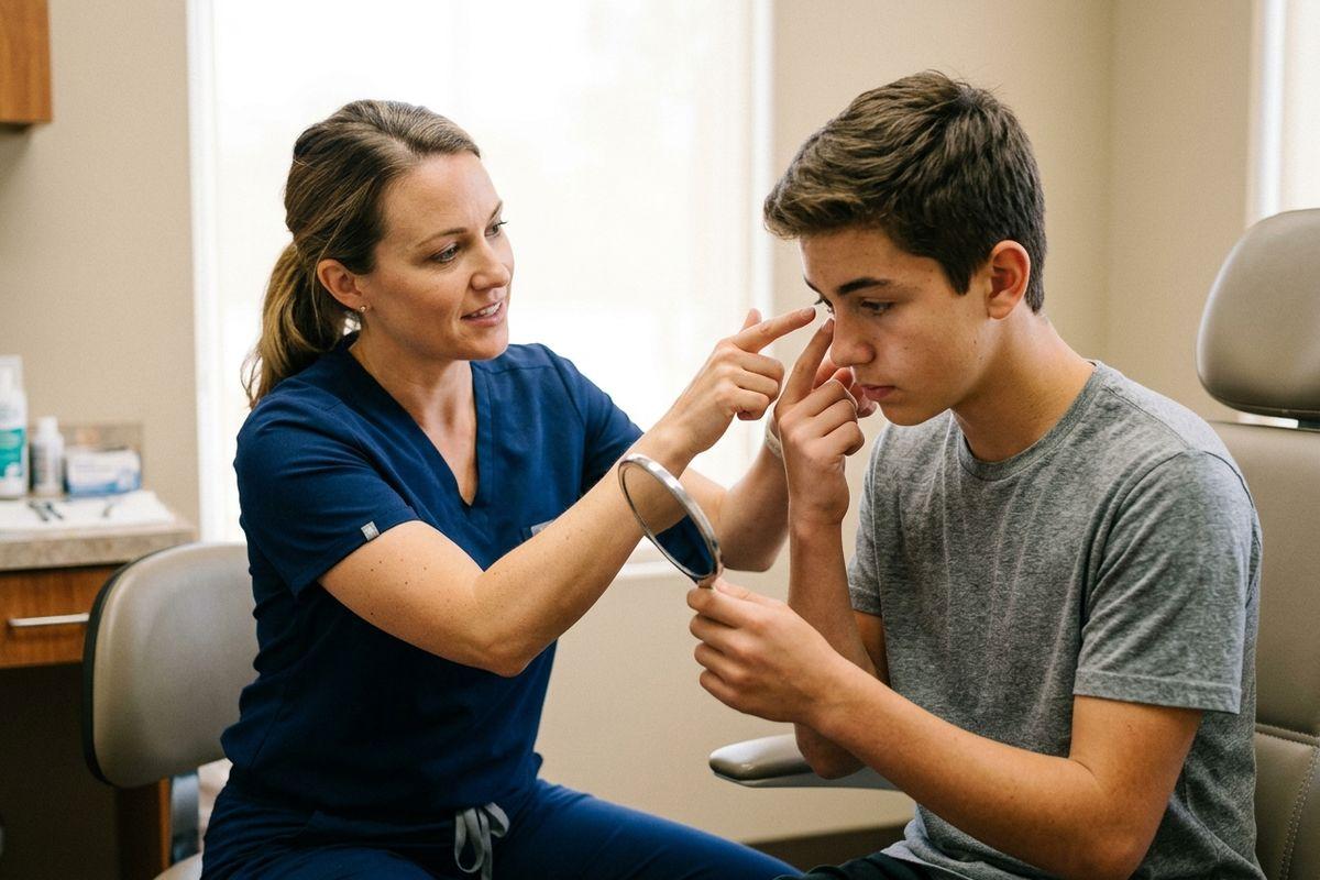 Optometrist helping a teen insert a contact lens in a clinic, holding a hand mirror while the young person focuses on their eye.