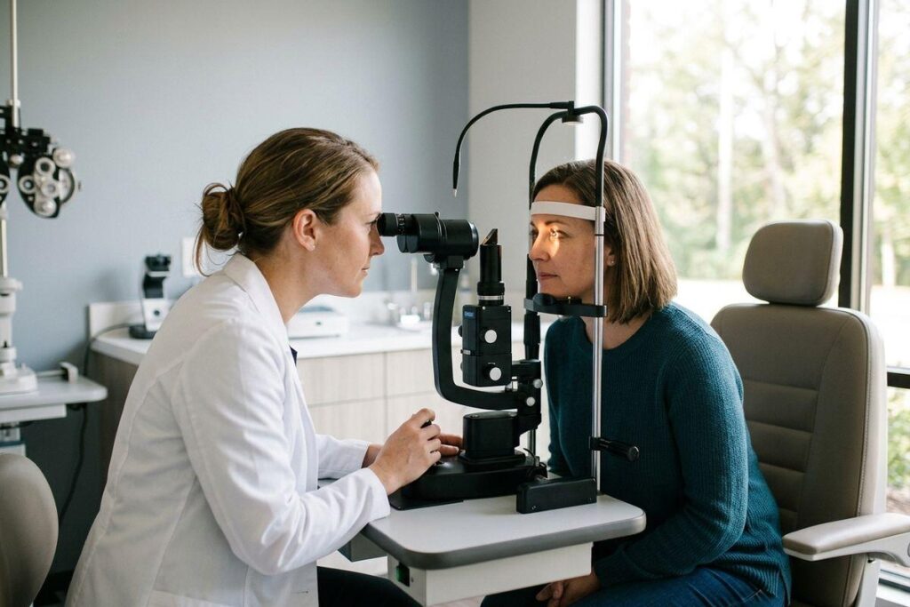 Optometrist using a slit lamp to examine a seated patient's eye in an eye exam room.