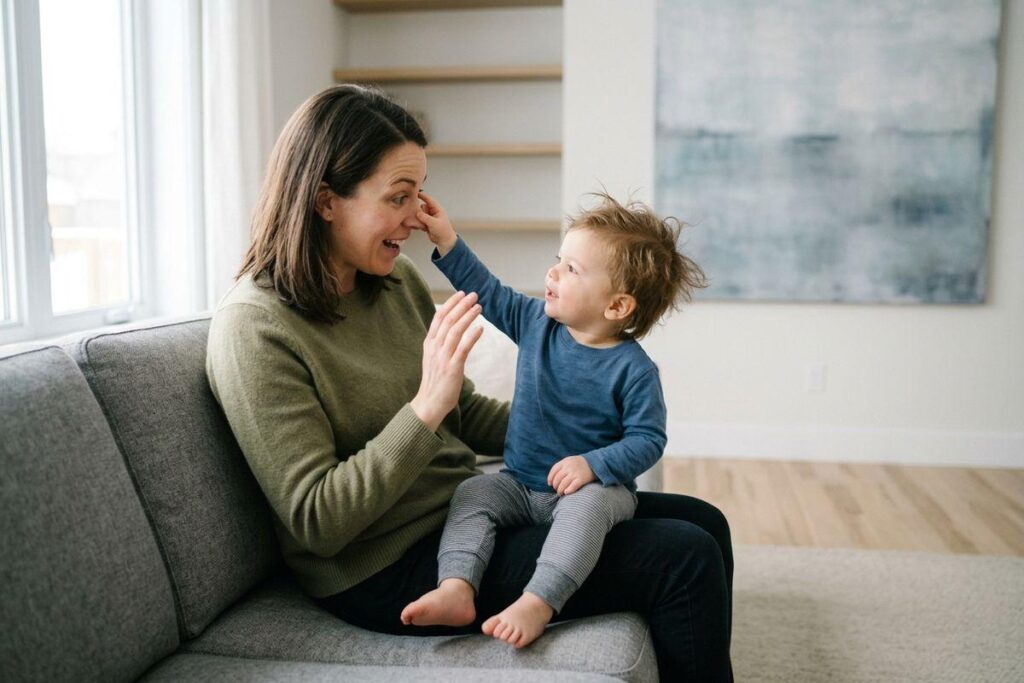 Adult and toddler sitting on a gray sofa; the child touches the adult's nose while both smile playfully in a bright living room.
