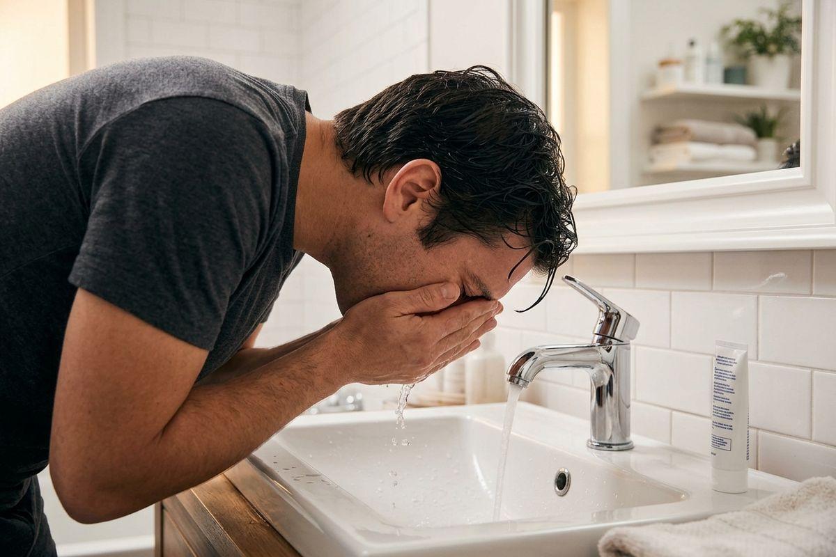 Adult leaning over a bathroom sink, washing their face with water dripping from cupped hands, mirror and shelves visible in background.