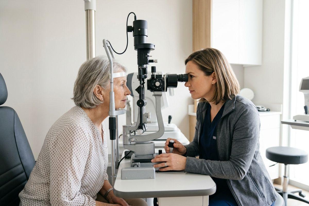 Optometrist using a slit lamp to examine an older adult's eye during an eye exam in a clinic.
