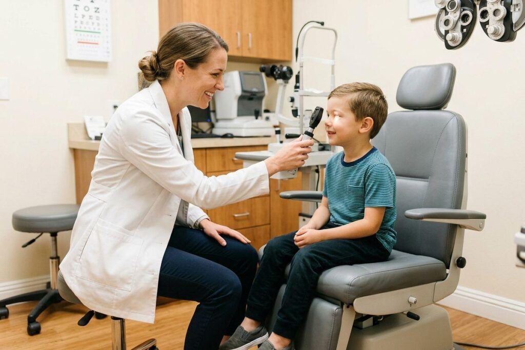 Smiling optometrist uses an ophthalmoscope to examine a child's eye in an eye exam room. Both are smiling.